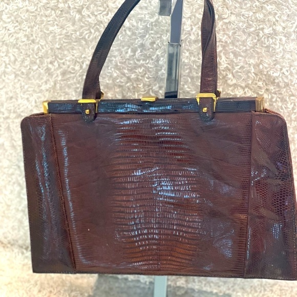 VINTAGE ESCORT BAG GENUINE LIZARD BROWN STRUCTURED FRAME HANDBAG SATCHEL VTG - Picture 1 of 16